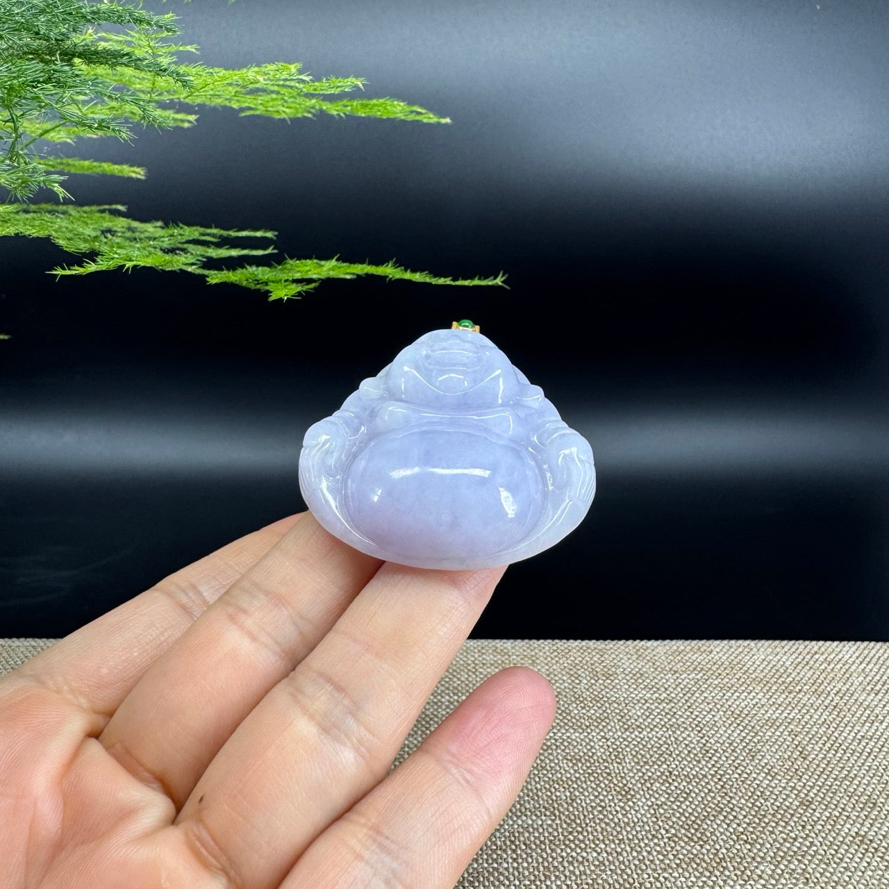 18K Yellow Gold Burmese Lavender Jadeite Jade Happy Buddha Pendant