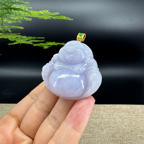 18K Yellow Gold Burmese Lavender Jadeite Jade Happy Buddha Pendant