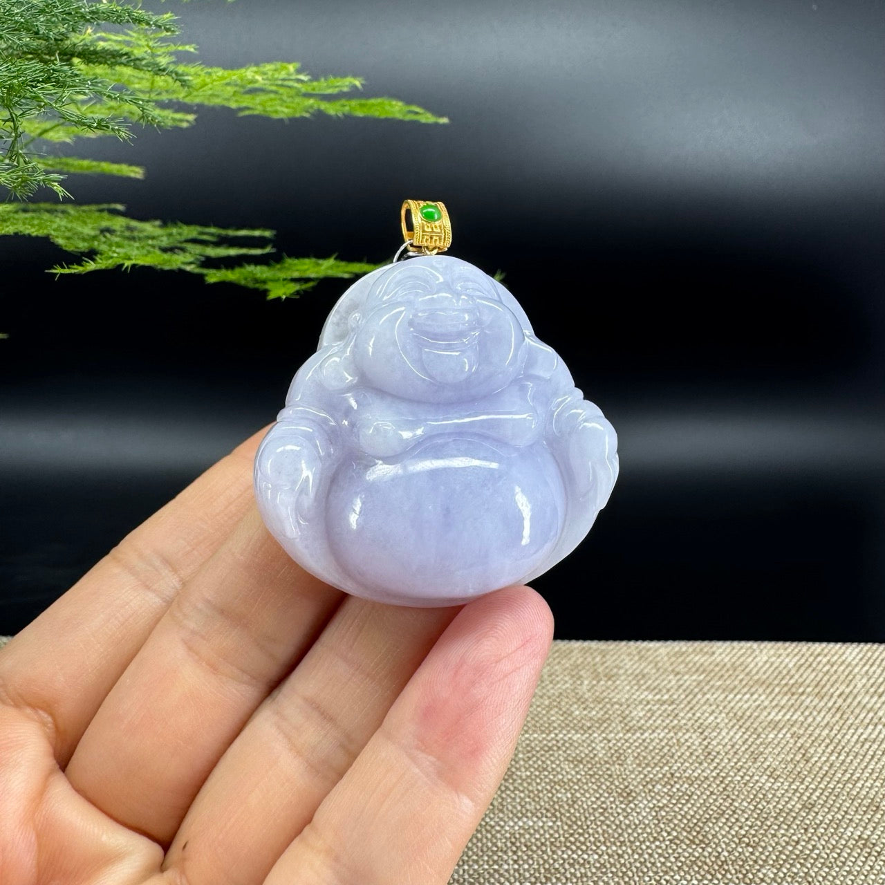 18K Yellow Gold Burmese Lavender Jadeite Jade Happy Buddha Pendant