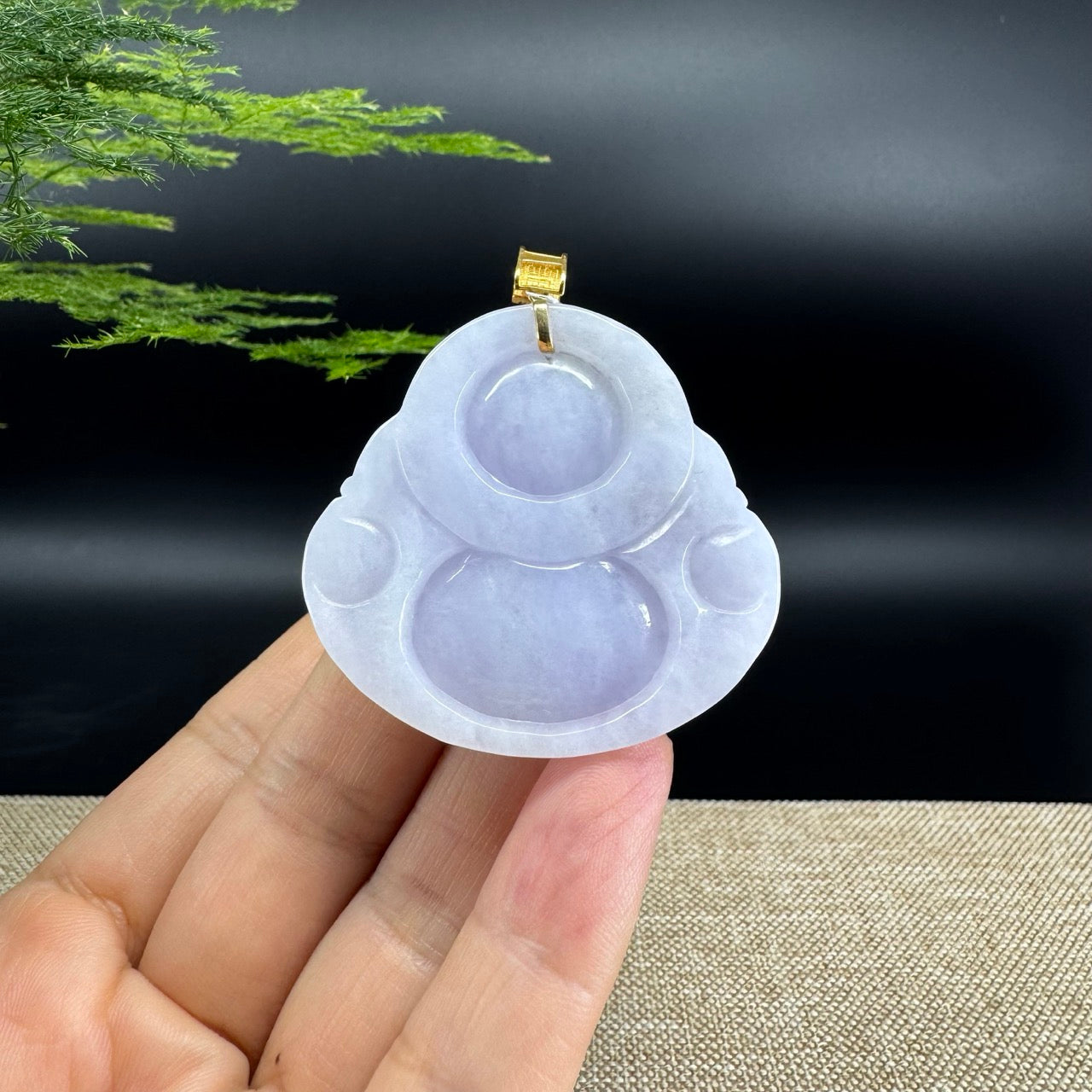18K Yellow Gold Burmese Lavender Jadeite Jade Happy Buddha Pendant