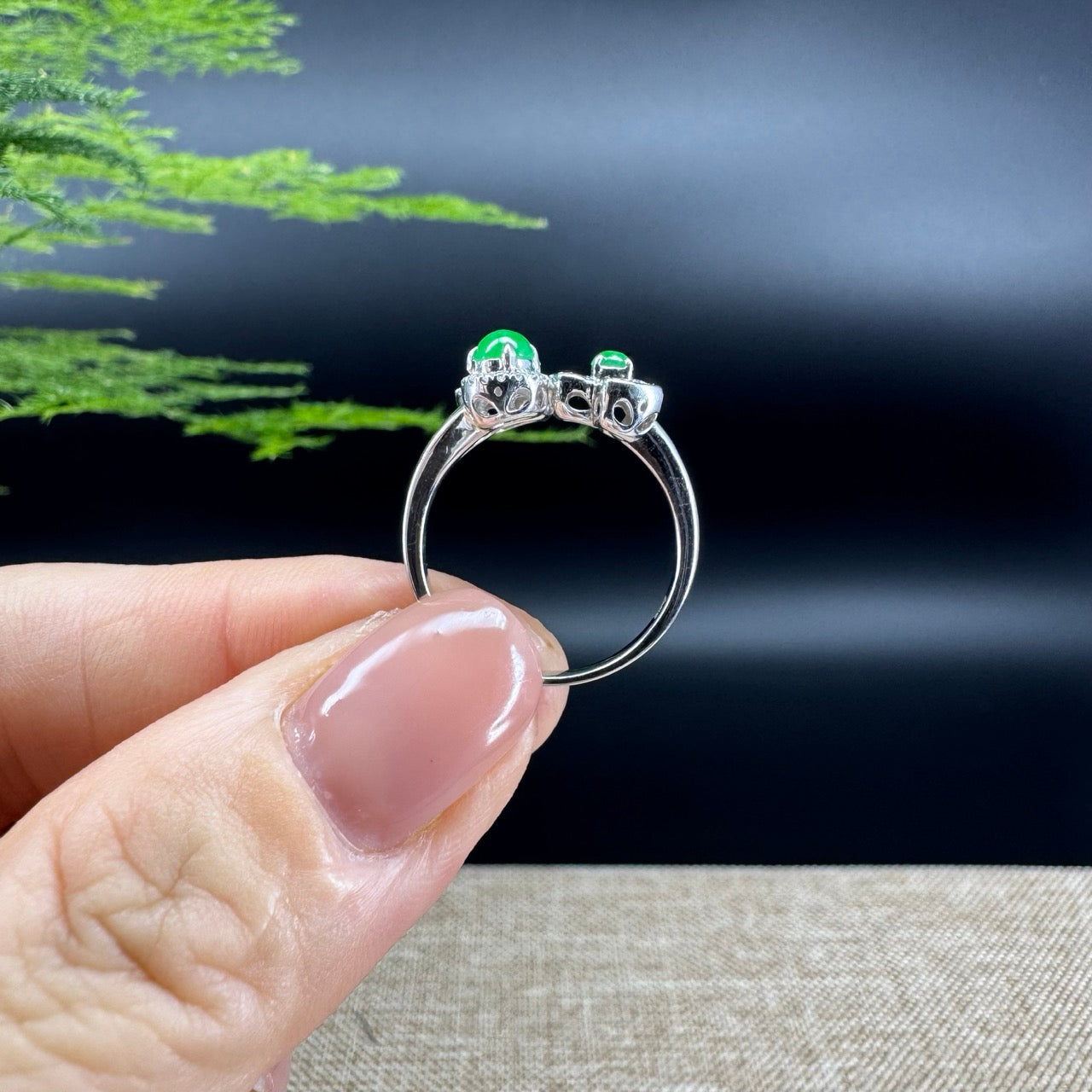 RealJade® 18k White Gold Natural Ice green & Imperial Cherry and Clover Jadeite Engagement Ring With Diamonds