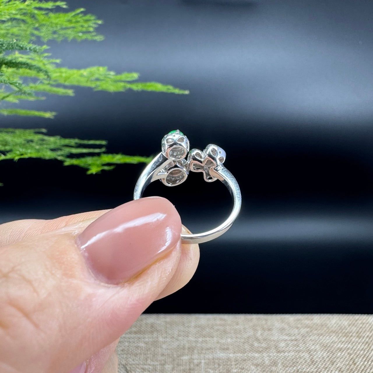 RealJade® 18k White Gold Natural Ice green & Imperial Cherry and Clover Jadeite Engagement Ring With Diamonds