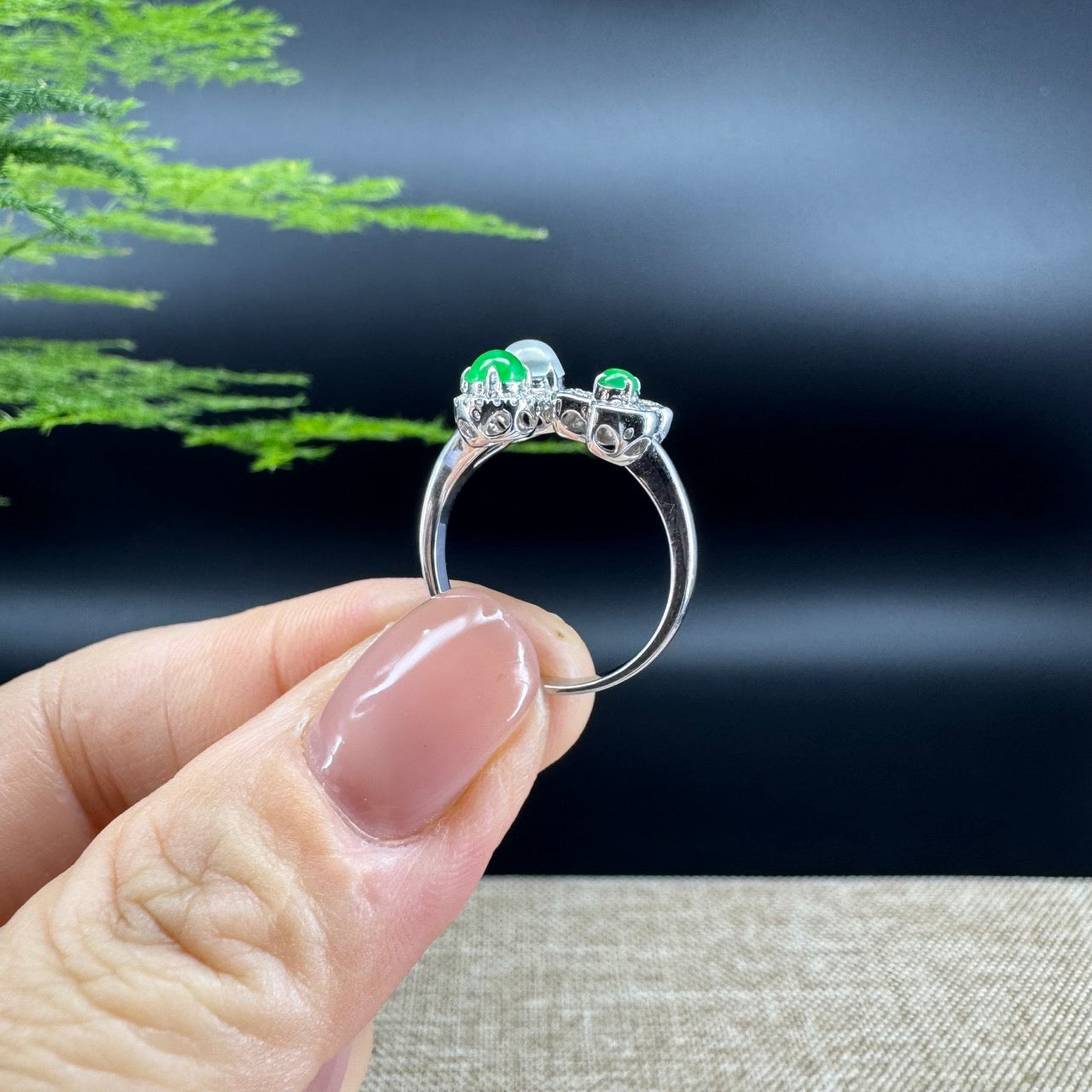 RealJade® 18k White Gold Natural Ice green & Imperial Cherry and Clover Jadeite Engagement Ring With Diamonds