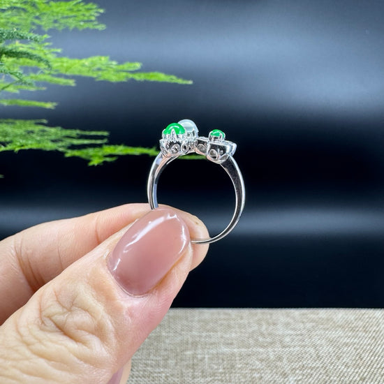 RealJade® 18k White Gold Natural Ice green & Imperial Cherry and Clover Jadeite Engagement Ring With Diamonds