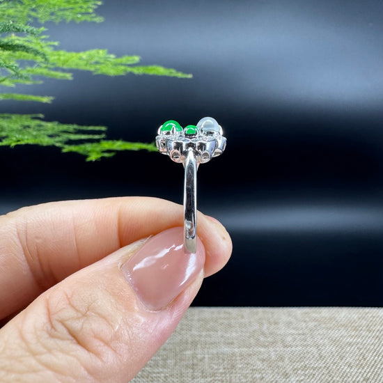 RealJade® 18k White Gold Natural Ice green & Imperial Cherry and Clover Jadeite Engagement Ring With Diamonds