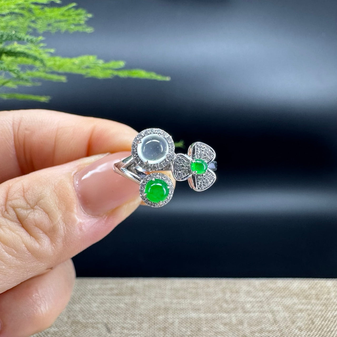 RealJade® 18k White Gold Natural Ice green & Imperial Cherry and Clover Jadeite Engagement Ring With Diamonds