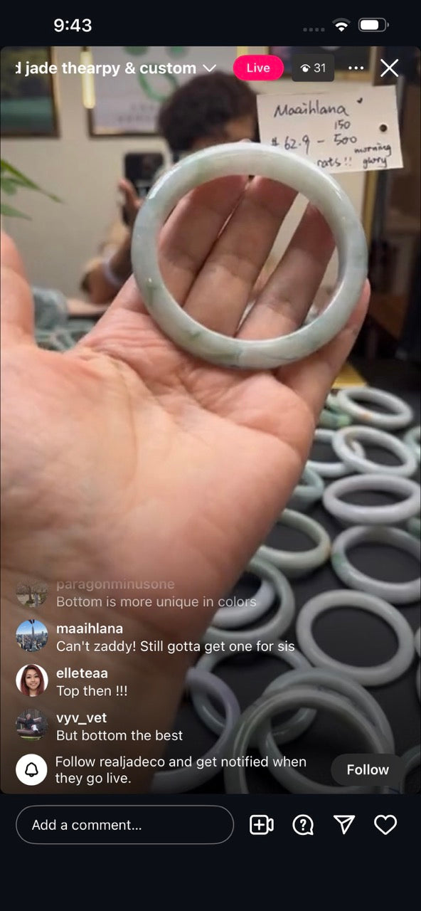 "Live" Natural White Green Flower Jadeite Jade Bangle(05/17/26)