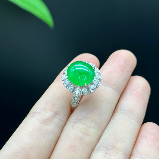 RealJade® "Amelie" 18k White Gold Natural Ice Green Jadeite Engagement Ring With Diamonds