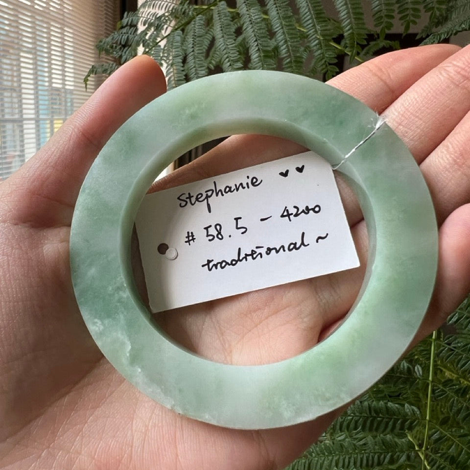 "Live" Natural Light Green Jadeite Jade Traditional Bangle(05/24/2026)