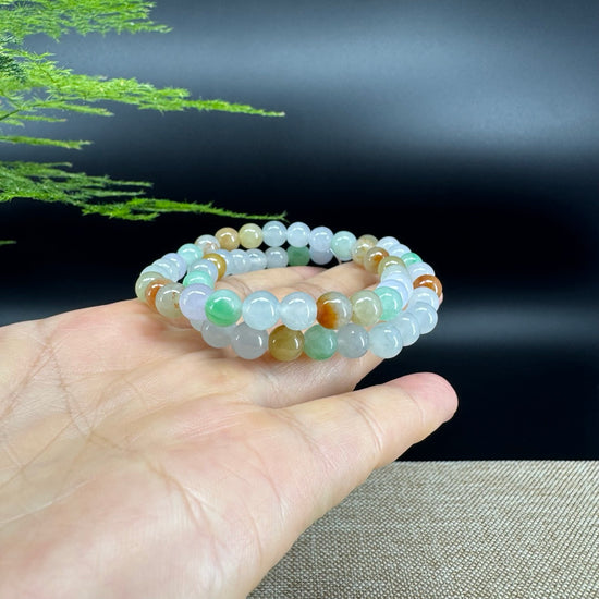 RealJade® Co. Genuine Jadeite Jade Round Multiple Colors Beads Bracelet (7.5 mm)