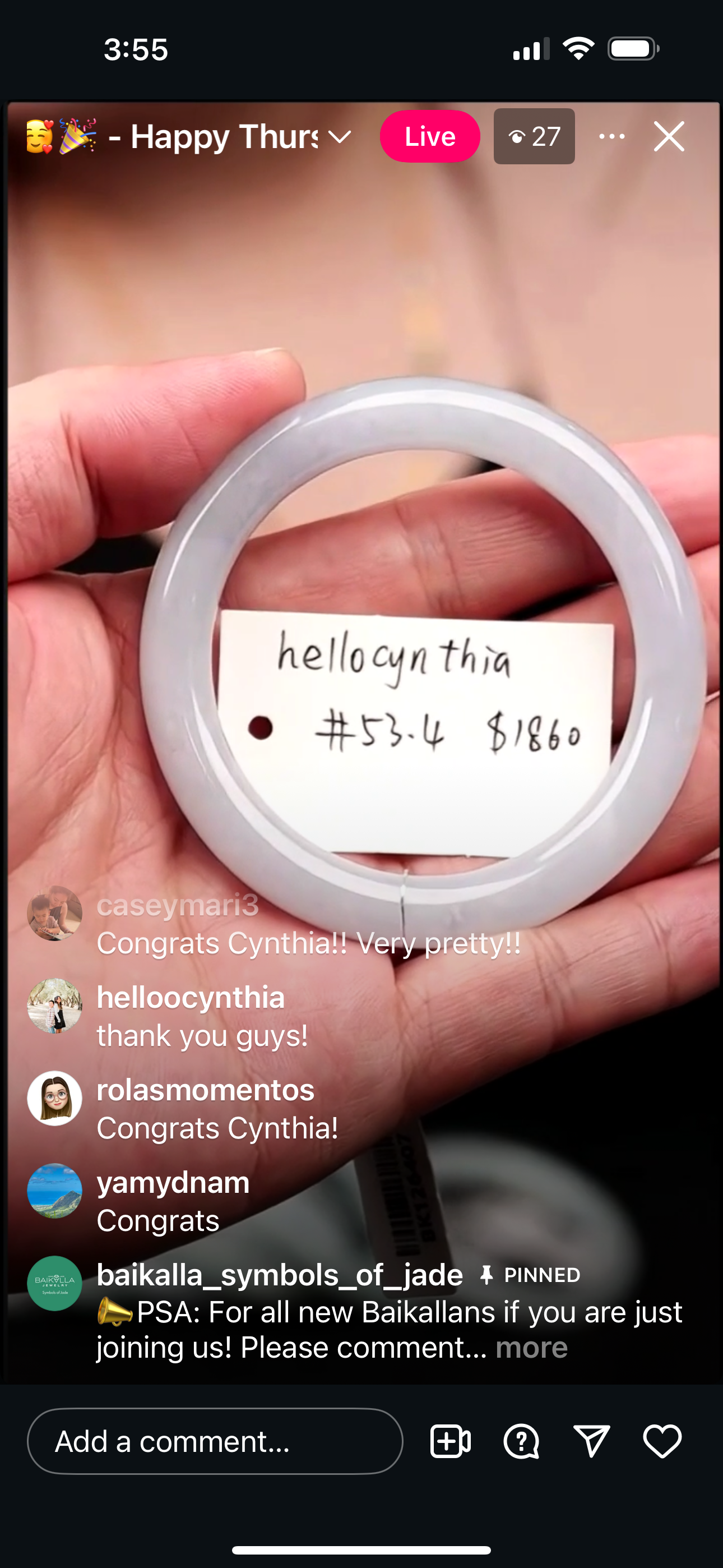 "Live" Natural Light Icy Blueish Lavender "Periwinkle" Color Jadeite Jade Traditional Round Bangle (10/02/25)