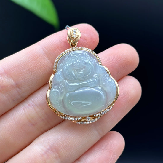 RealJade® "Laughing Buddha" 18k Rose Gold Genuine Ice Jadeite Jade Pendant