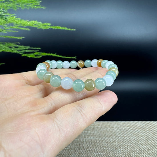 RealJade® Co. Genuine Jadeite Jade Round Ice Multiple Colors Beads Bracelet (7 mm)