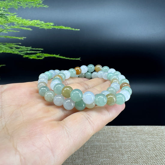 RealJade® Co. Genuine Jadeite Jade Round Ice Multiple Colors Beads Bracelet (7 mm)