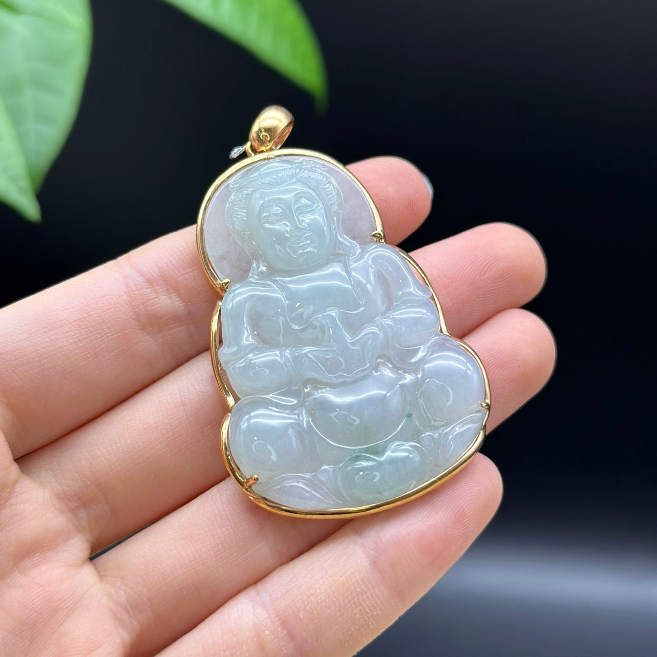 "Goddess of Compassion" 18k Yellow Gold Genuine Burmese Jadeite Jade Guanyin Necklace With Good Luck Design