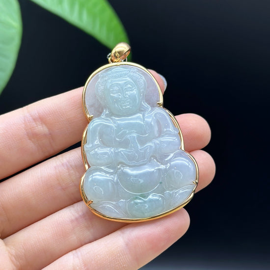 "Goddess of Compassion" 18k Rose Gold Genuine Burmese Jadeite Jade Guanyin Necklace With Good Luck Design