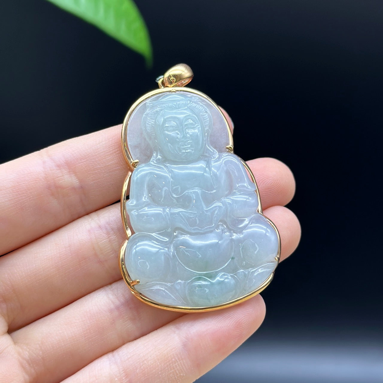 "Goddess of Compassion" 18k Rose Gold Genuine Burmese Jadeite Jade Guanyin Necklace With Good Luck Design