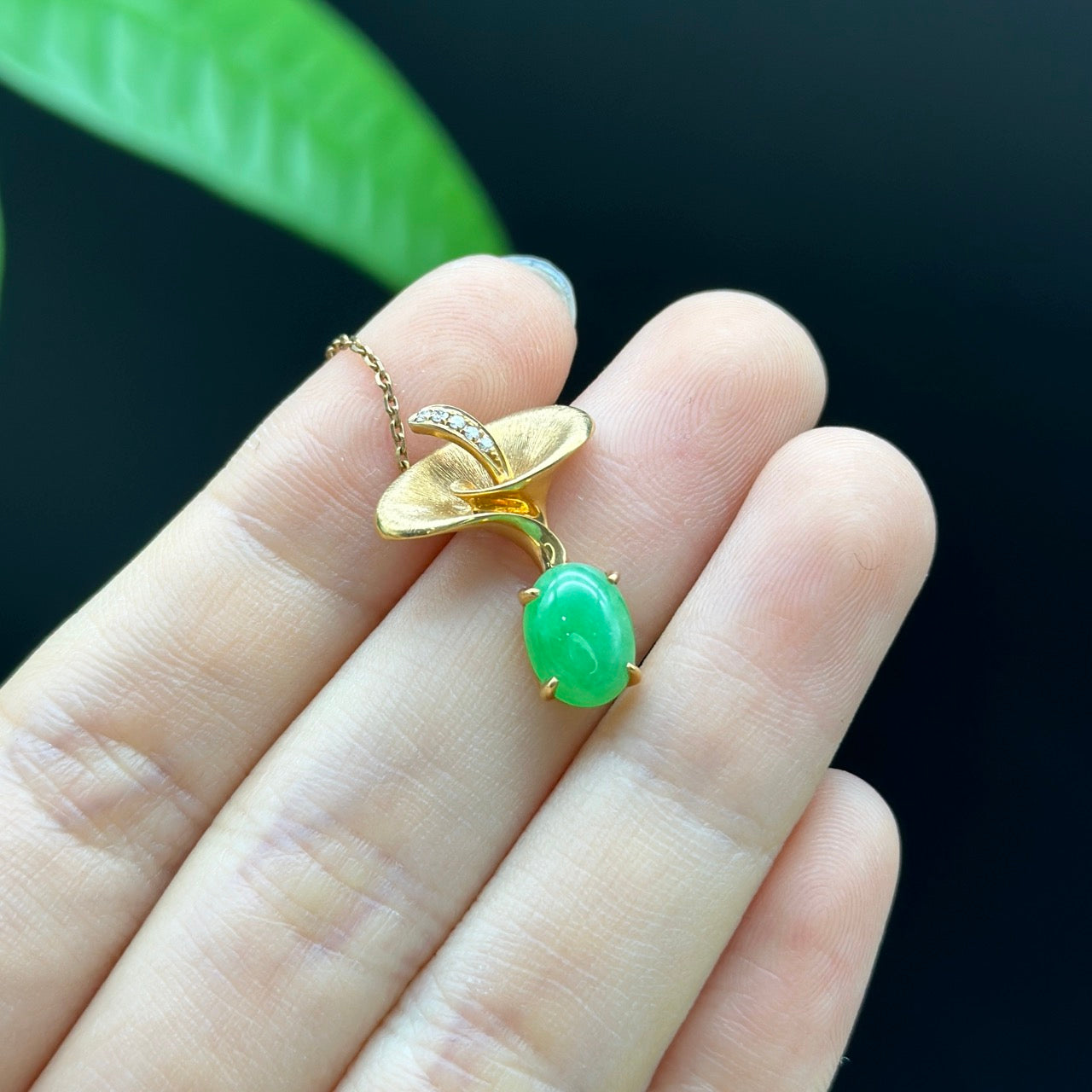 18K Rose Gold "Morning Glory" Genuine Jadeite Jade Pendant with Diamonds