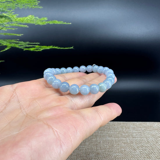 RealJade® Co. Genuine Jadeite Jade Round Light Lavender Blue  Beads Bracelet (7.8mm)