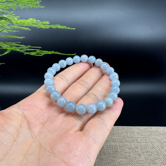 RealJade® Co. Genuine Jadeite Jade Round Light Lavender Blue  Beads Bracelet (7.8mm)