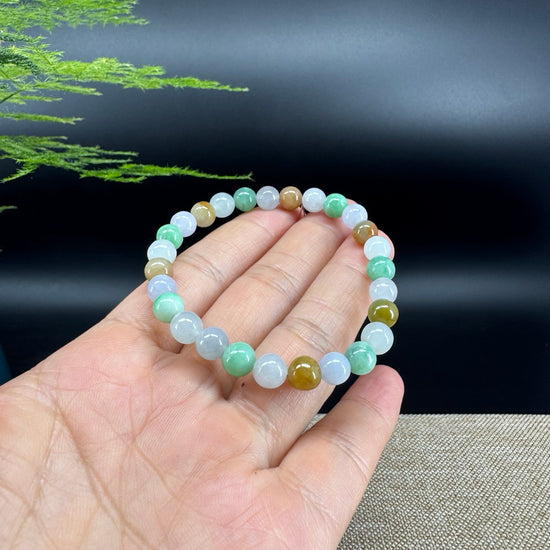 RealJade® Co. Genuine Jadeite Jade Round Ice Multiple Colors Beads Bracelet (6.7mm)