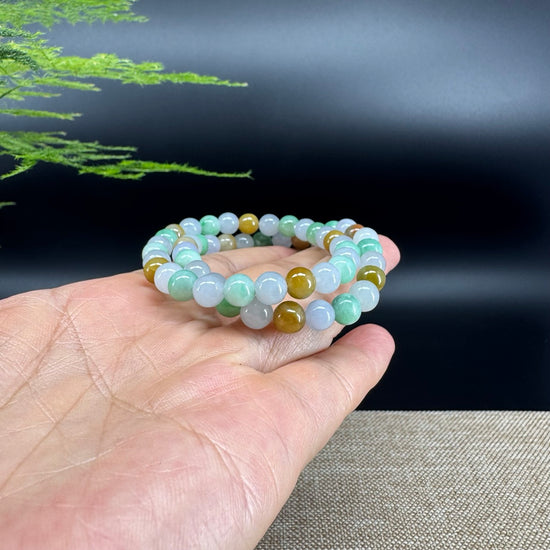 RealJade® Co. Genuine Jadeite Jade Round Ice Multiple Colors Beads Bracelet (6.7mm)