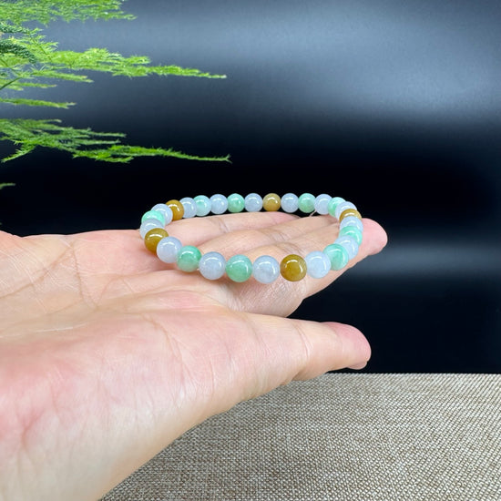 RealJade® Co. Genuine Jadeite Jade Round Ice Multiple Colors Beads Bracelet (6.8mm)