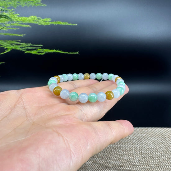 RealJade® Co. Genuine Jadeite Jade Round Ice Multiple Colors Beads Bracelet (6.8mm)