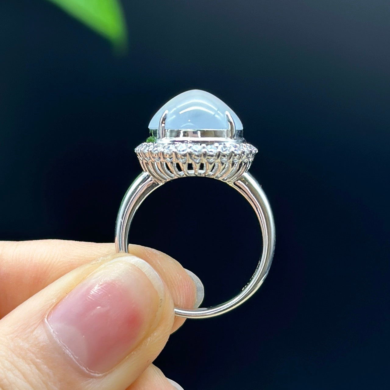 RealJade® "Amelie" 18k White Gold Natural Ice Jadeite Engagement Ring With Diamonds