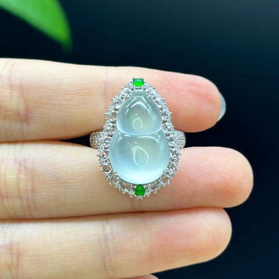 RealJade® "Amelie" 18k White Gold Natural Ice Jadeite Hulu Ring With Diamo