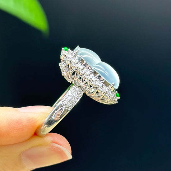 RealJade® "Amelie" 18k White Gold Natural Ice Jadeite Hulu Ring With Diamonds