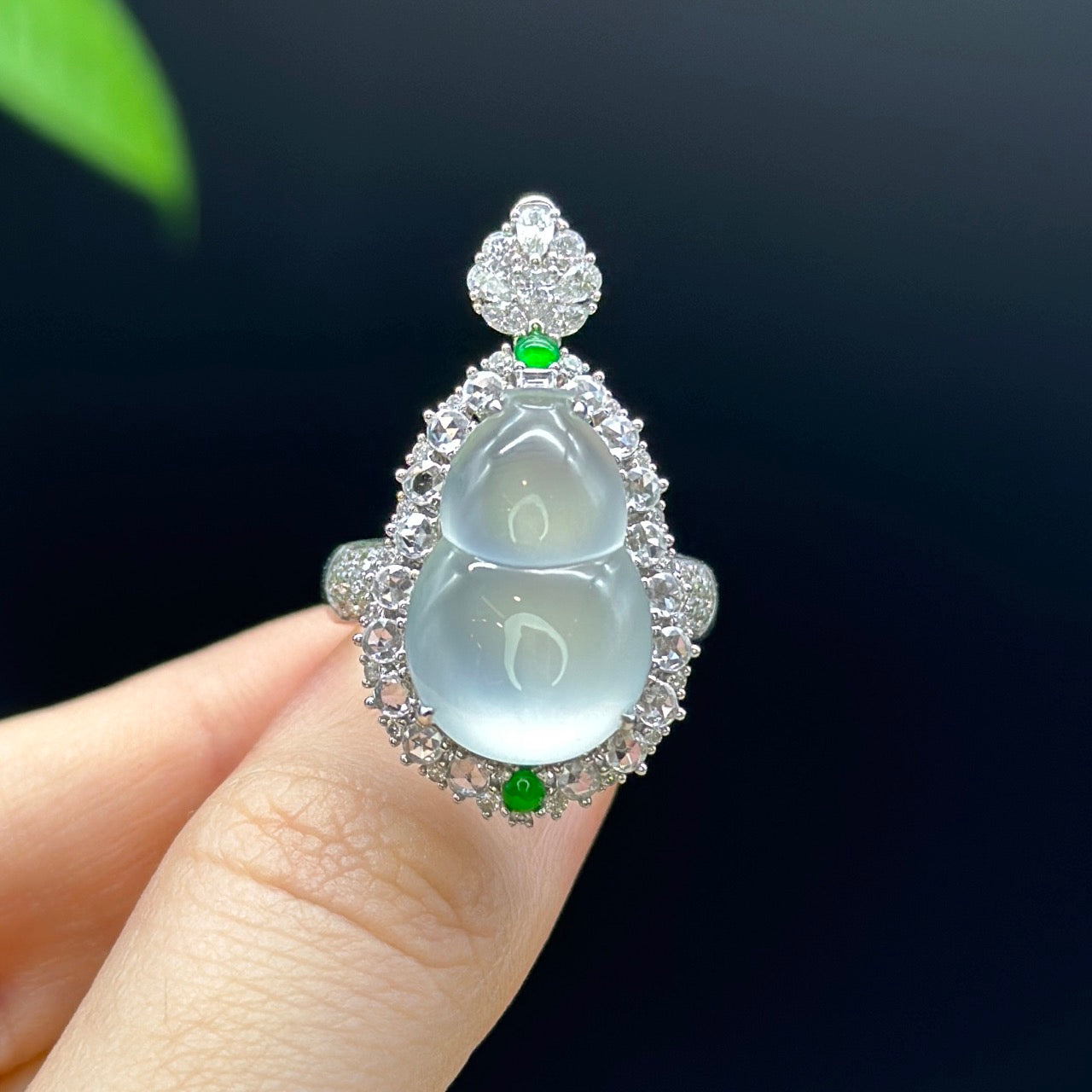 RealJade® "Amelie" 18k White Gold Natural Ice Jadeite Hulu Ring With Diamonds