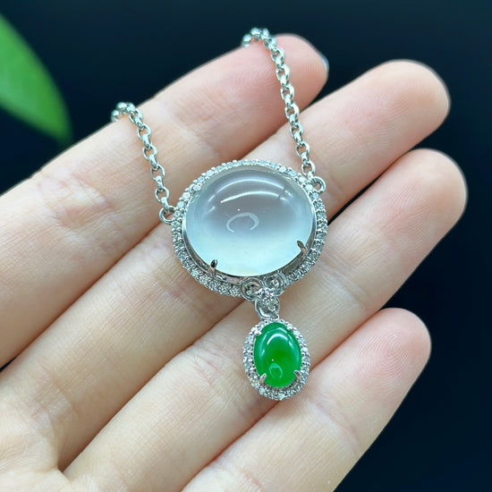 18K White Gold Oval Imperial Jadeite Jade Cabochon Necklace with Diamonds