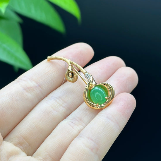 RealJade  18K Rose Gold Genuine Imperial Jadeite Jade Pendant & Brooch with Diamonds