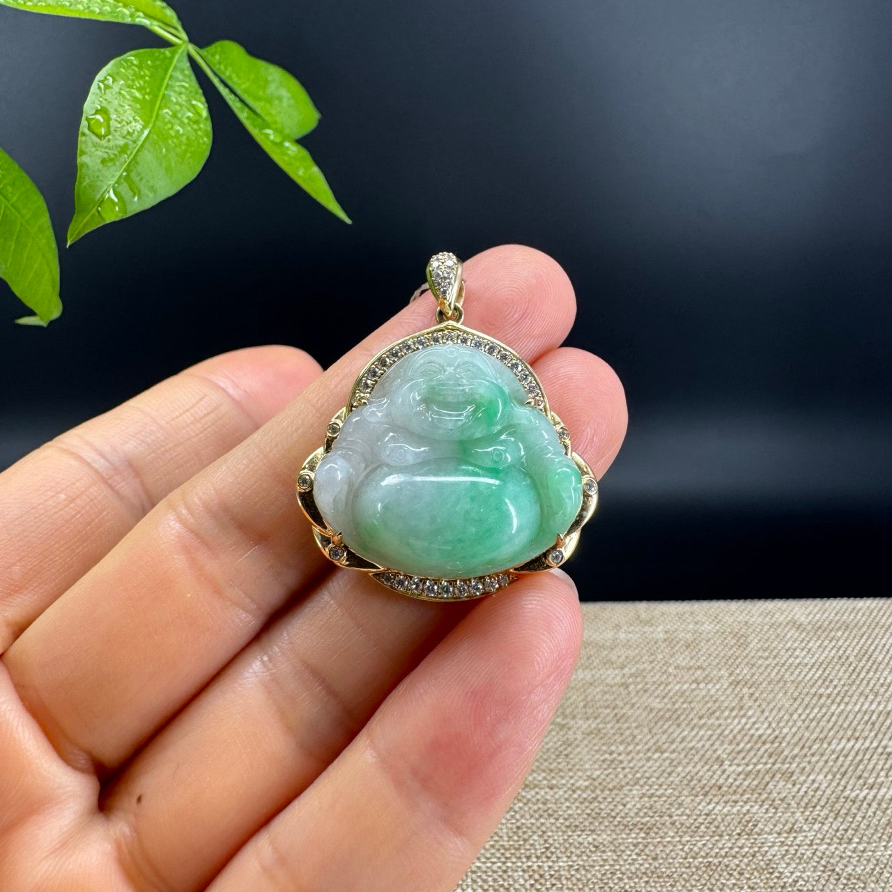 14K Yellow Gold Burmese Green Jadeite Jade Happy Buddha Pendant
