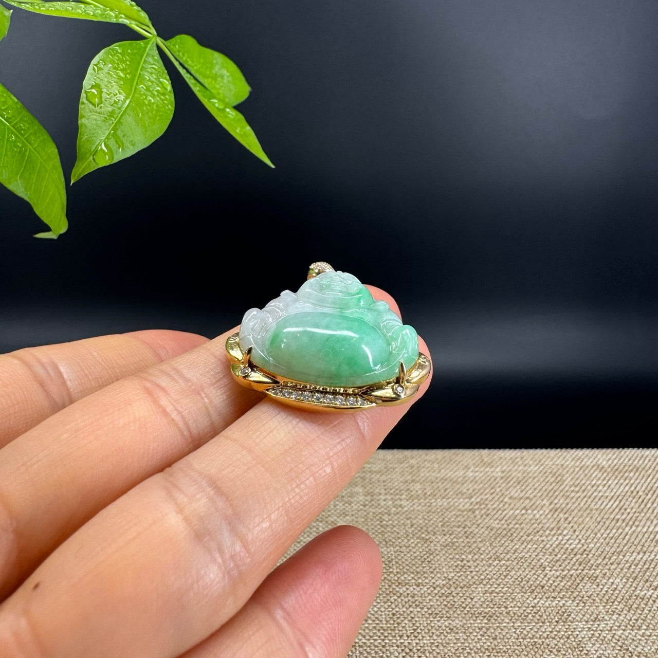 14K Yellow Gold Burmese Green Jadeite Jade Happy Buddha Pendant