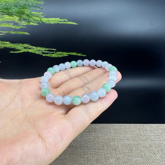 RealJade® Co. Genuine Jadeite Jade Round Ice Lavender Green  Beads Bracelet (7 mm)