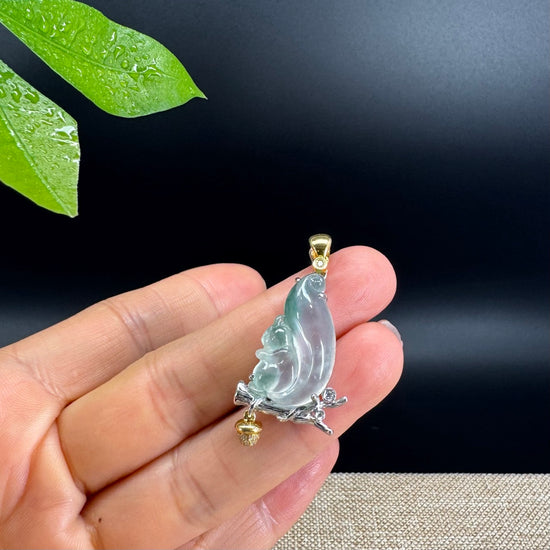 High-end 18K Gold Burmese Icy Green Jadeite Jade Squirrel Pendant with Diamond