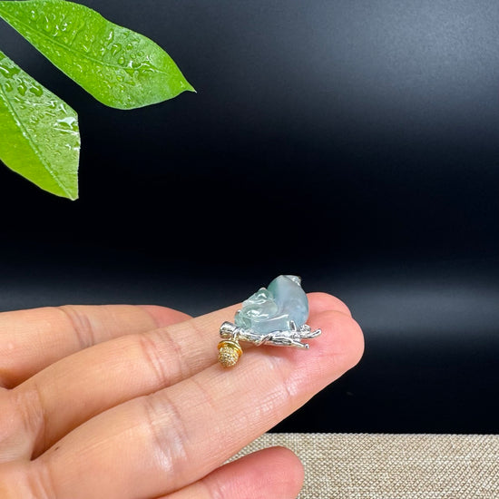 High-end 18K Gold Burmese Icy Green Jadeite Jade Squirrel Pendant with Diamond