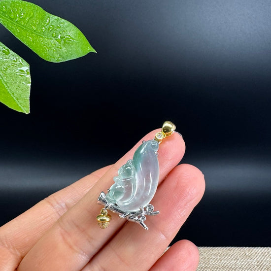 High-end 18K Gold Burmese Icy Green Jadeite Jade Squirrel Pendant with Diamond