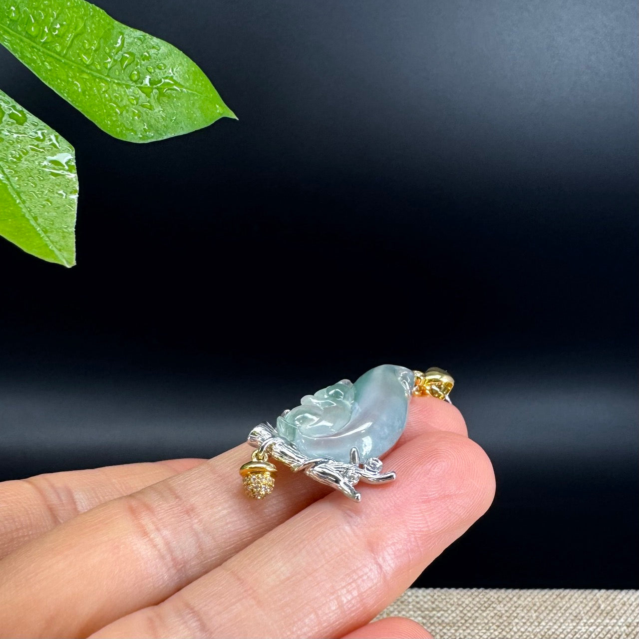 High-end 18K Gold Burmese Icy Green Jadeite Jade Squirrel Pendant with Diamond