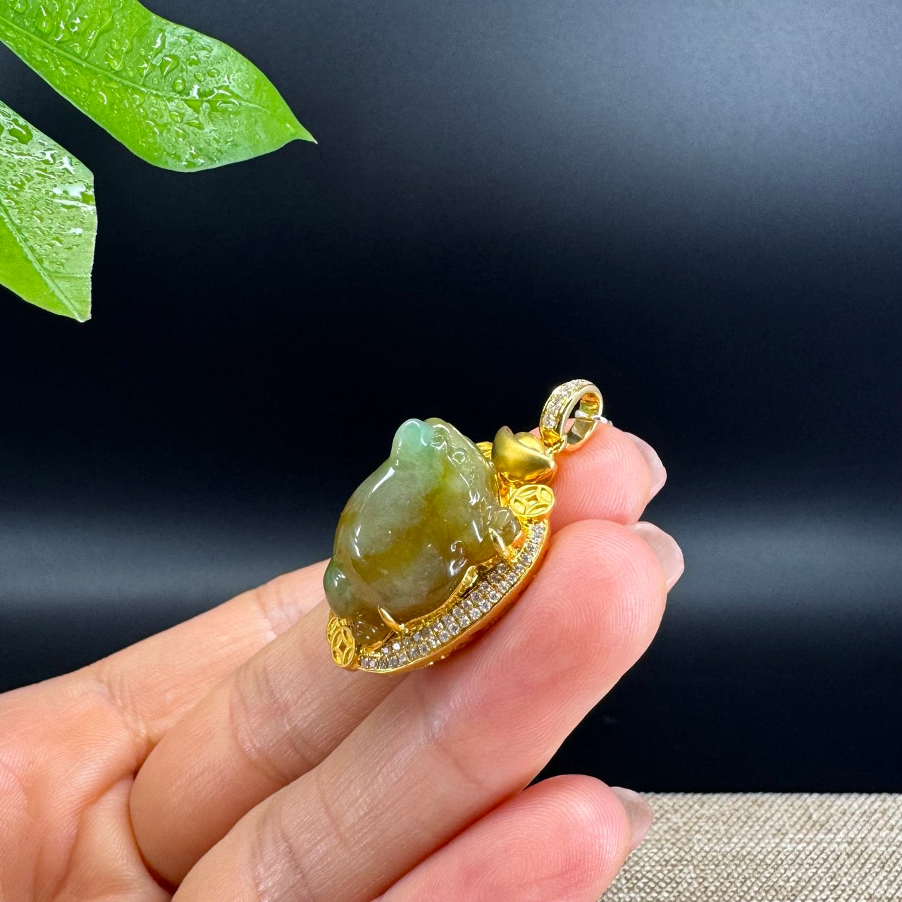RealJade® High-End Natural Jadeite Jin Chan "Money Toad" Necklace With 18k Yellow Gold Diamond Bail