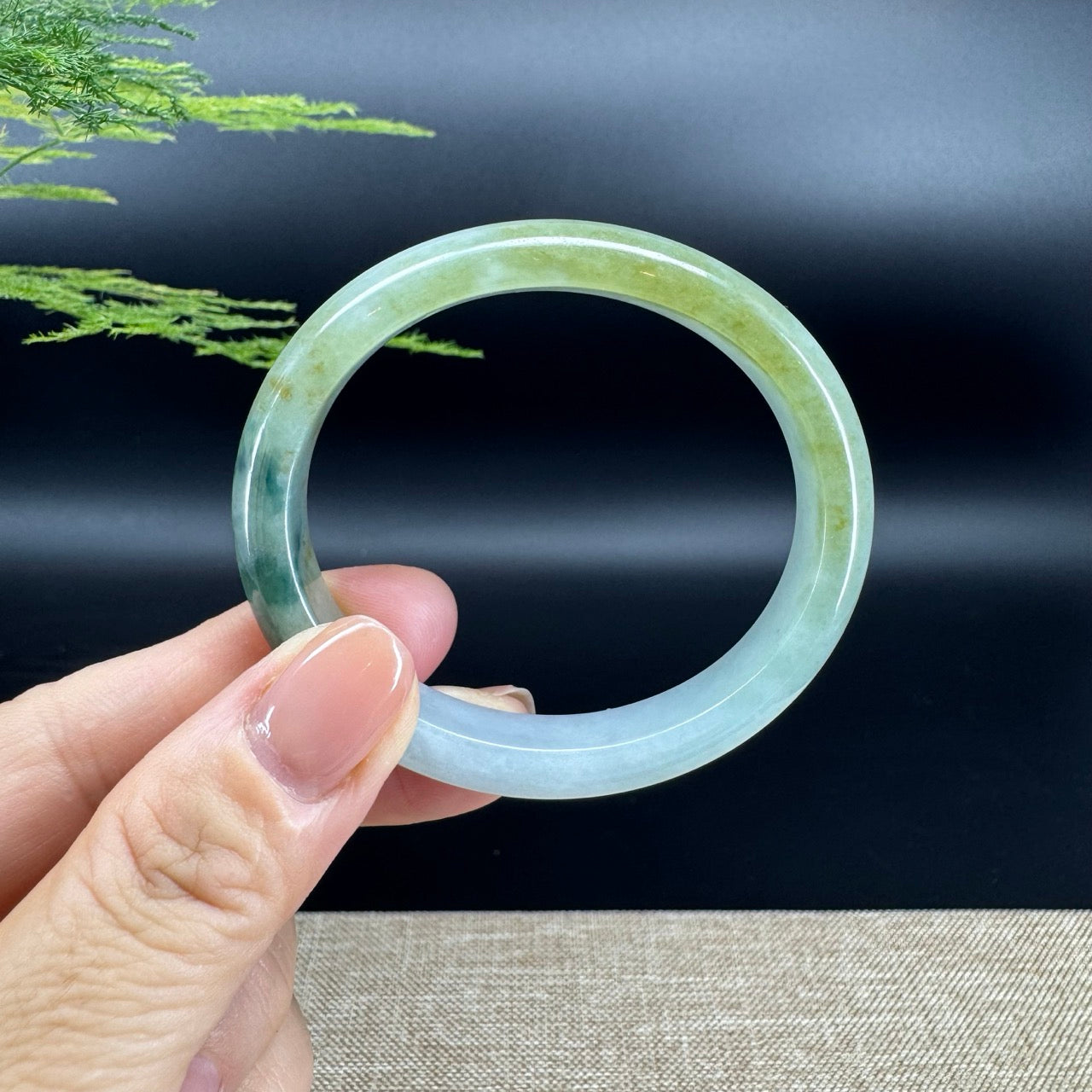 Genuine Burmese Blue Flower Green Jade Jadeite Bangle Bracelet ( 53.9mm*47.3)
