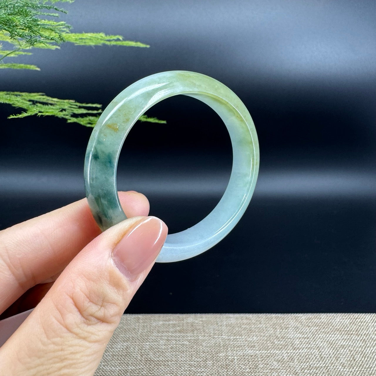 Genuine Burmese Blue Flower Green Jade Jadeite Bangle Bracelet ( 53.9mm*47.3)