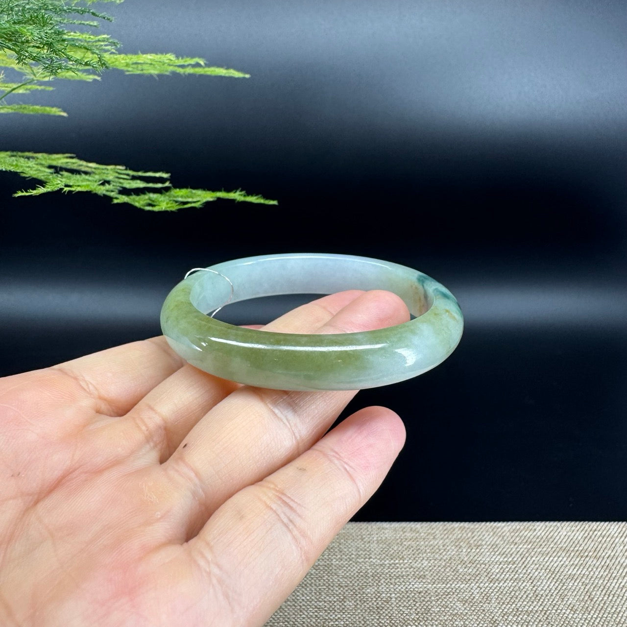 Genuine Burmese Blue Flower Green Jade Jadeite Bangle Bracelet ( 53.9mm*47.3)