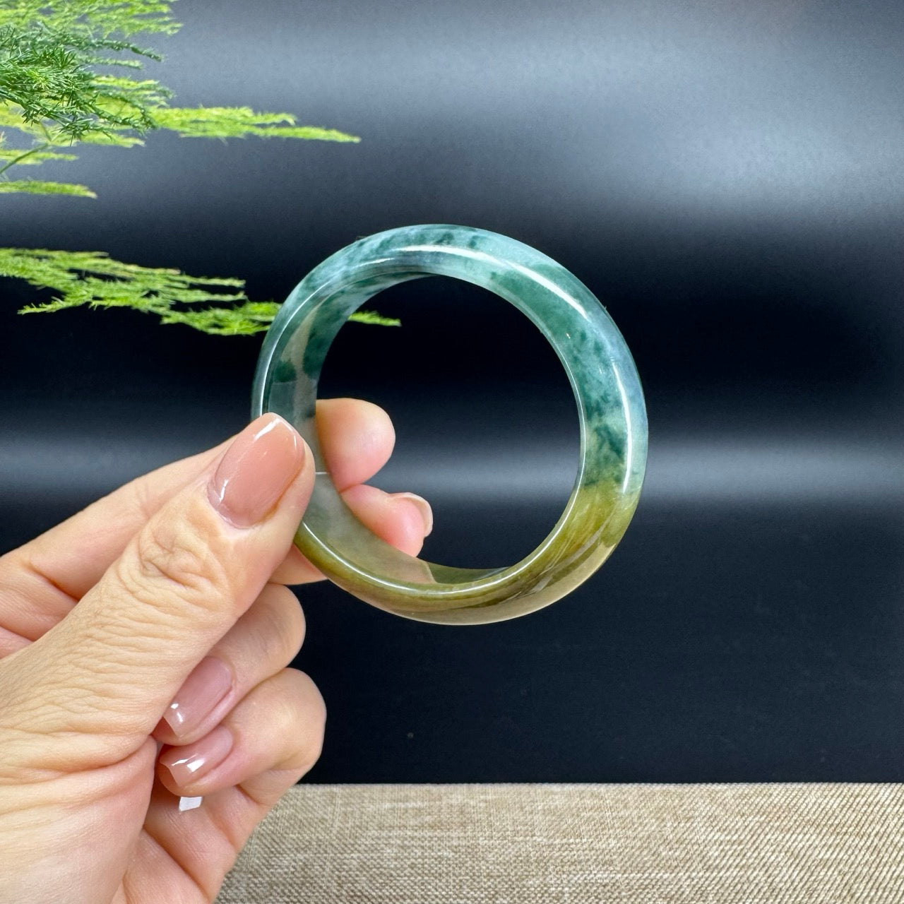 Genuine Burmese Blue Flower Yellow Jade Jadeite Bangle Bracelet ( 52.5mm*45.1 )