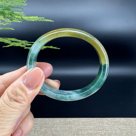 Genuine Burmese Blue Flower Yellow Jade Jadeite Bangle Bracelet ( 54.6mm*47.1 )