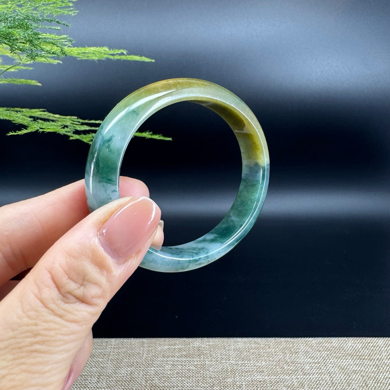 Genuine Burmese Blue Flower Yellow Jade Jadeite Bangle Bracelet ( 54.6mm*47.1 )