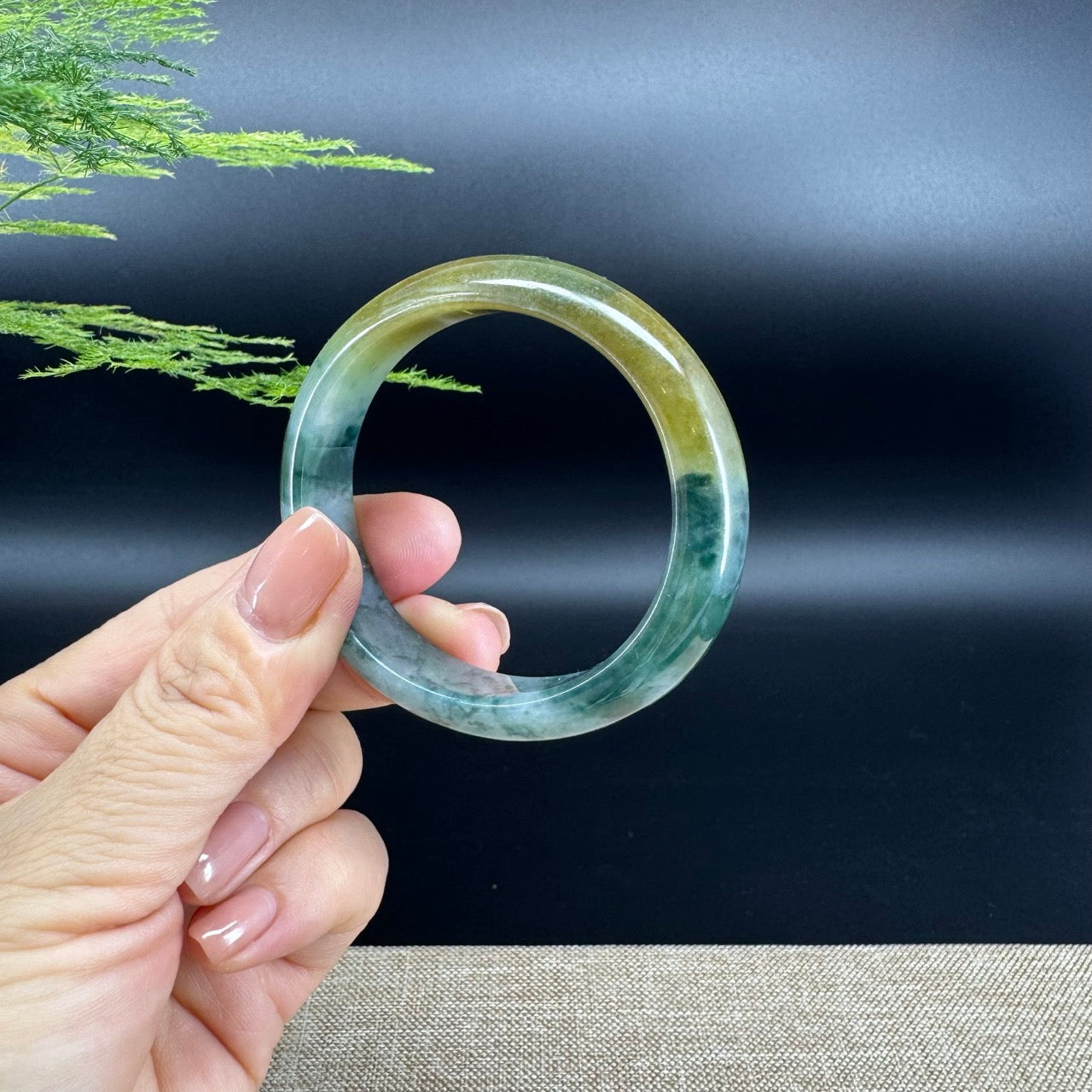 Genuine Burmese Blue Flower Yellow Jade Jadeite Bangle Bracelet ( 54.6mm*47.1 )