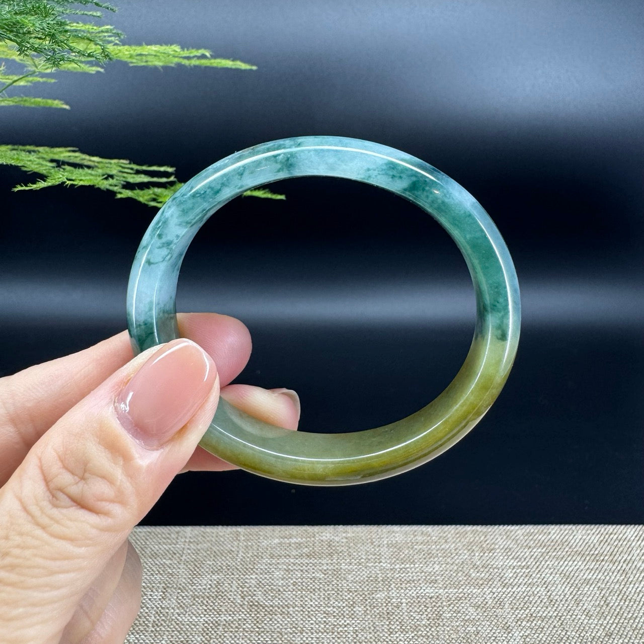Genuine Burmese Blue Flower Yellow Jade Jadeite Bangle Bracelet ( 54.6mm*47.1 )